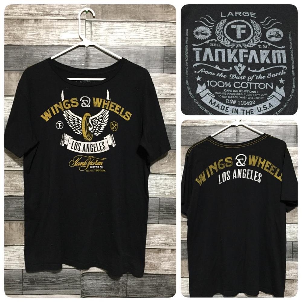 Tankfarm Wings & Wheels Los Angeles Graphic T Shirt Men’s L Black Short Sleeve